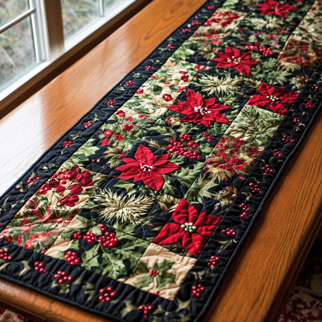 Poinsettia and Holly Blocks Table Runner