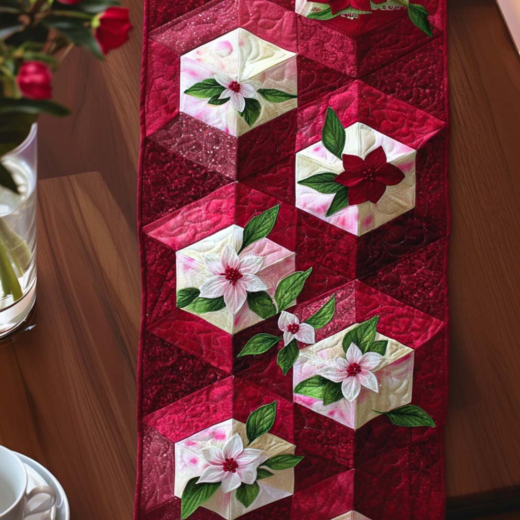 Pink Blossoms on Red Geometric Table Runner