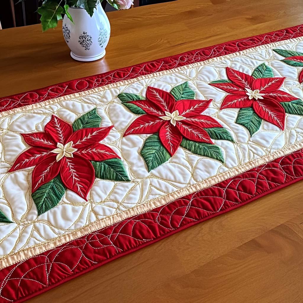 Red Poinsettias on White Panel Table Runner