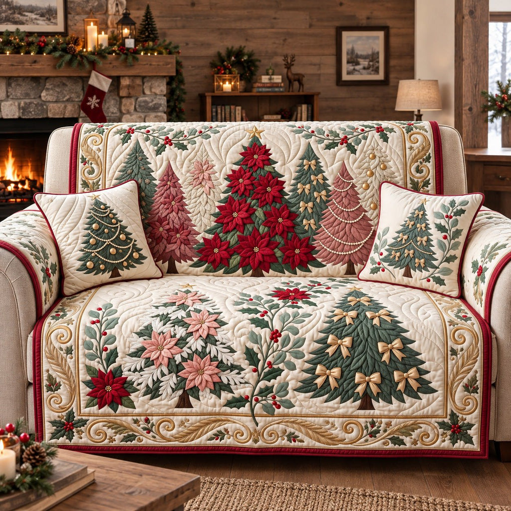 Poinsettia Holiday Trees Sofa Cover