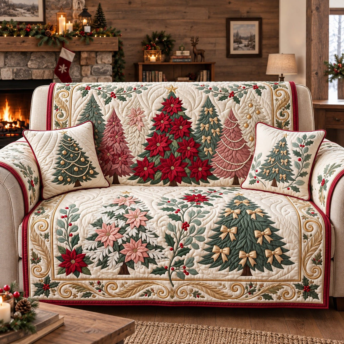 Poinsettia Holiday Trees Sofa Cover