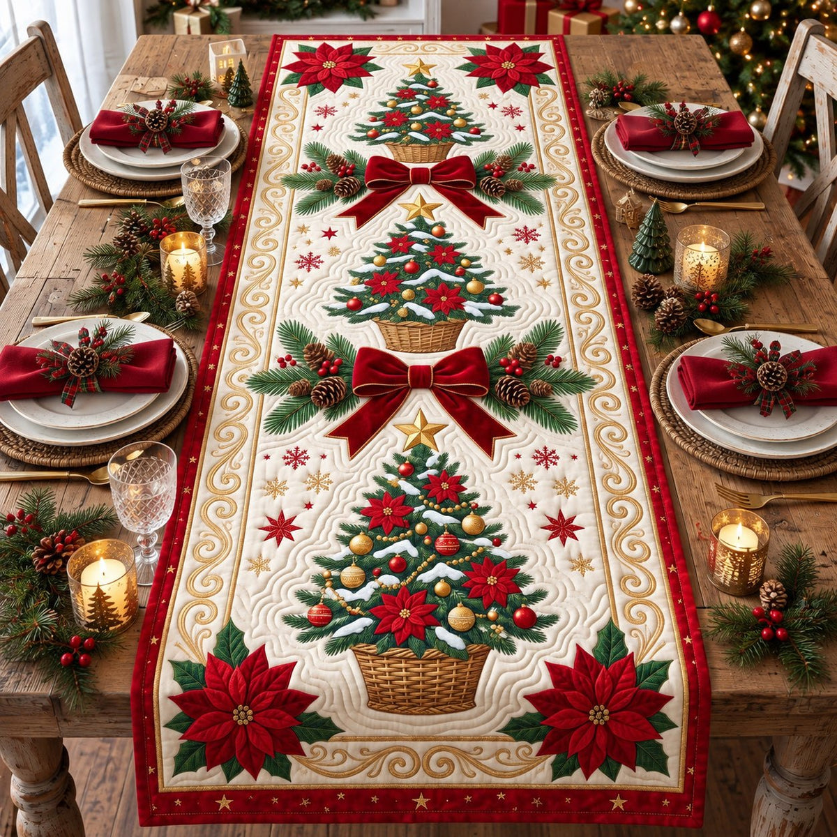 Poinsettia Pine Tree Table Runner