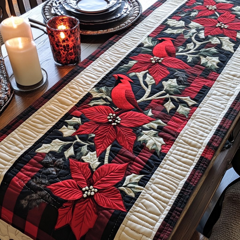 Poinsettia Plaid Cardinal Table Runner