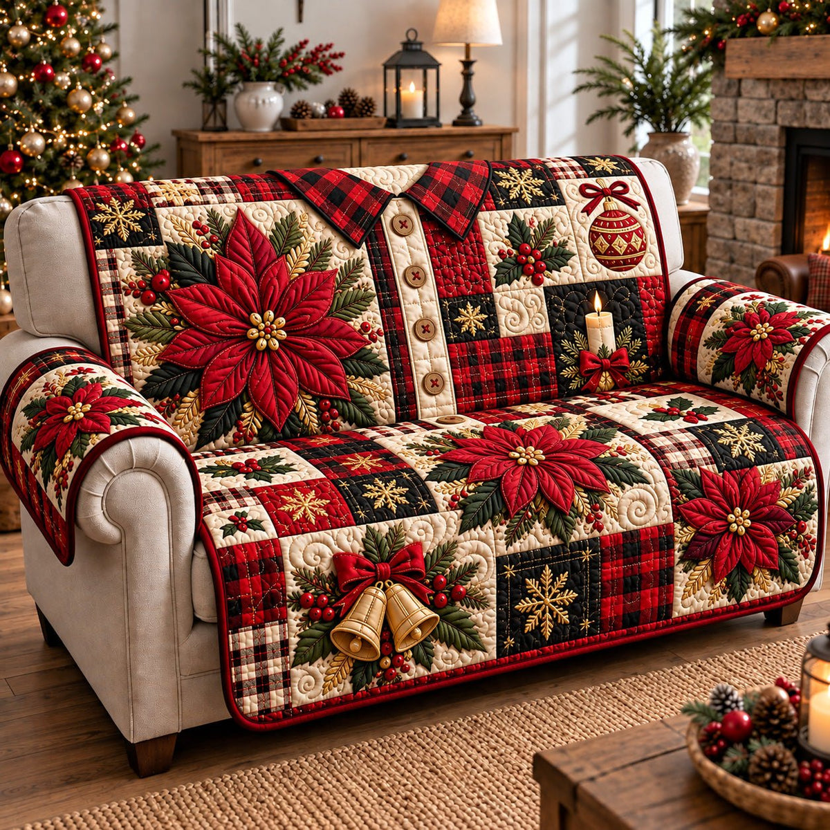 Poinsettia Plaid Sofa Cover