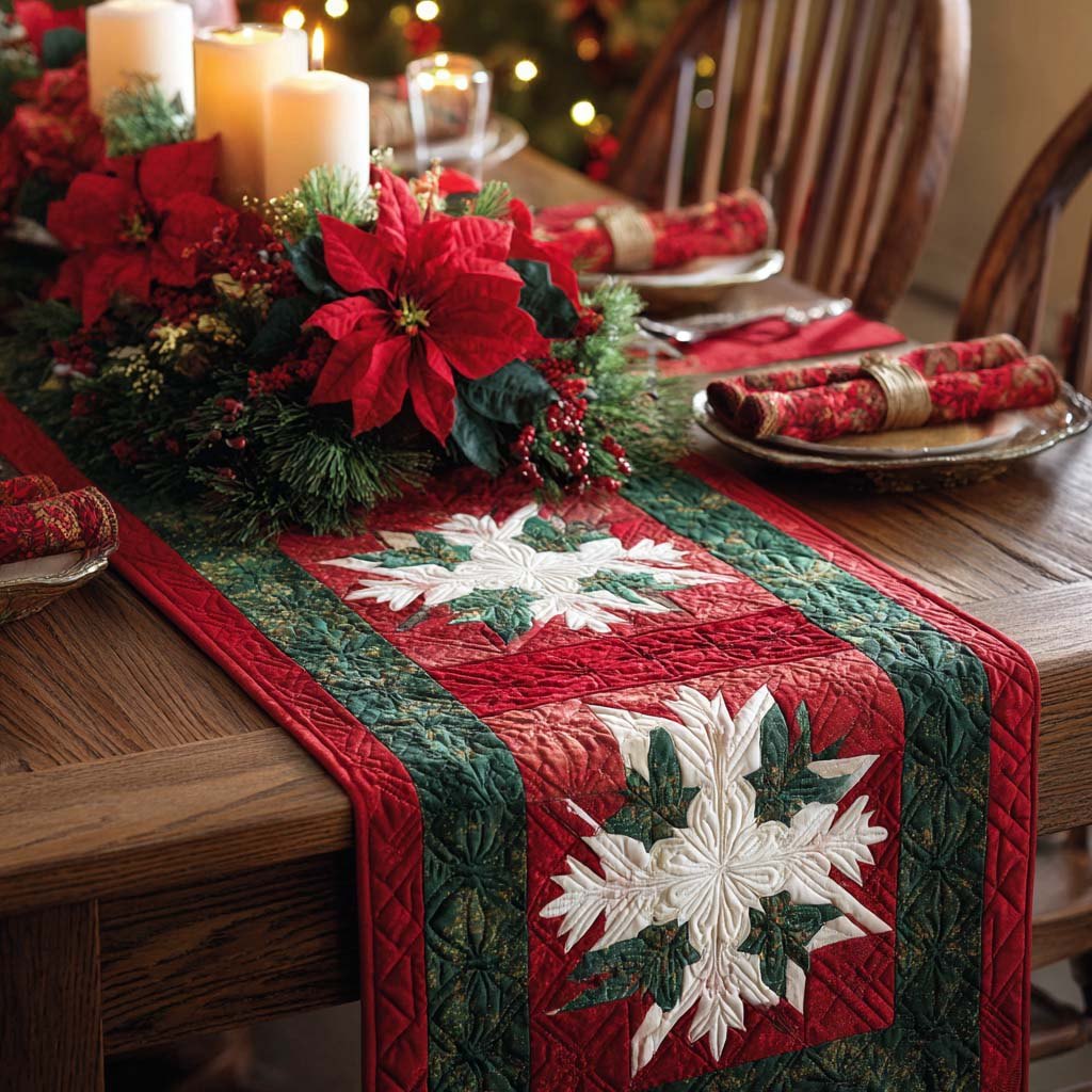Poinsettia Snowflake Delight Table Runner
