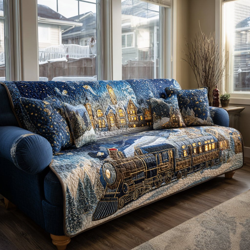 Blue Winter Village Behind the Night Train Sofa Cover