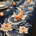 Koi with Lotus on Navy Waves Table Runner