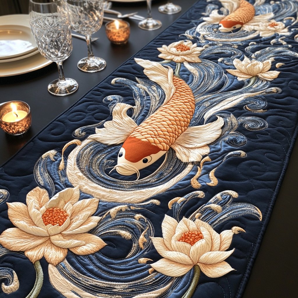 Koi with Lotus on Navy Waves Table Runner