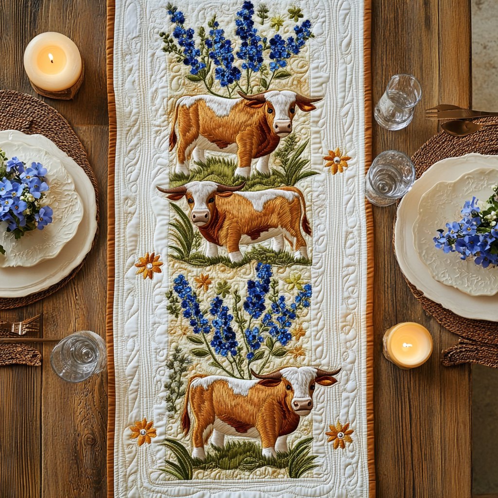 Highland Cows and Bluebonnets on Cream Table Runner