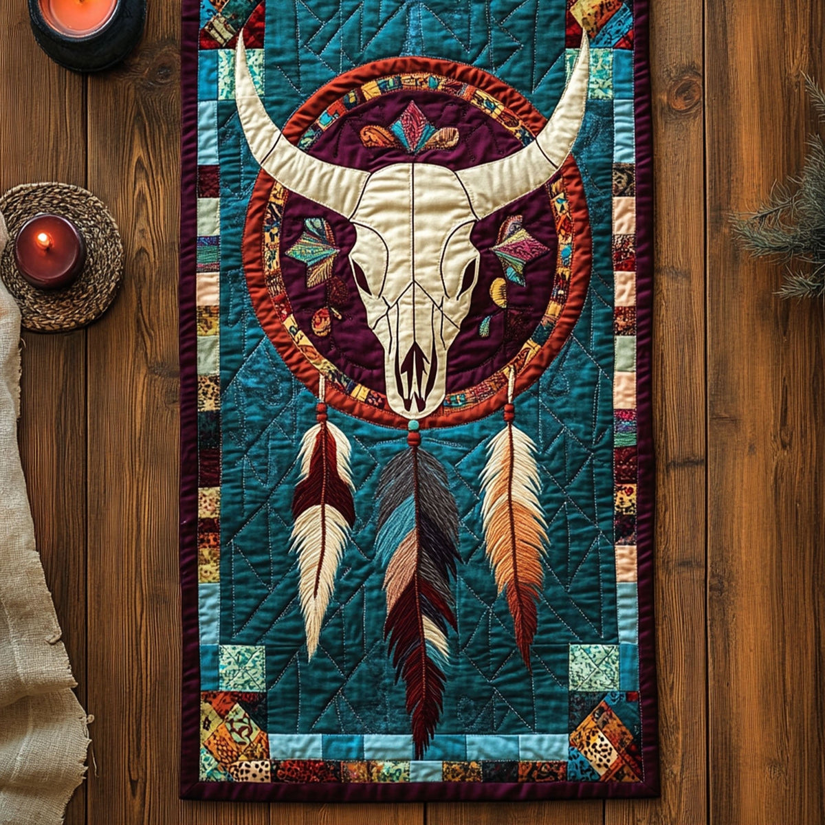 Steer Skull with Dreamcatcher Feathers Table Runner