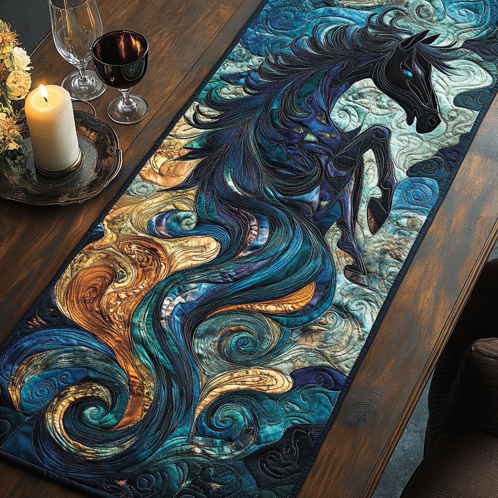 Swirling Blue Horse Abstract Table Runner
