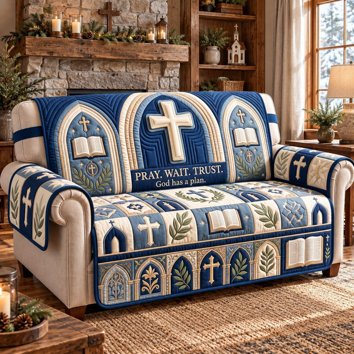Blue Arches Pray Wait Trust Sofa Cover