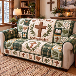 Green Plaid Pray Wait Trust Sofa Cover - Made to Order