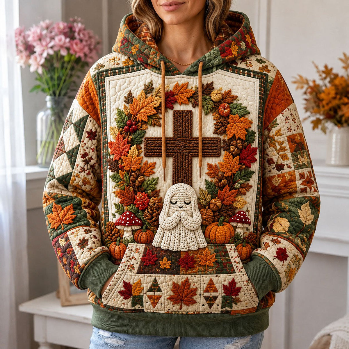Praying Ghost Cross hoodie, all-over print