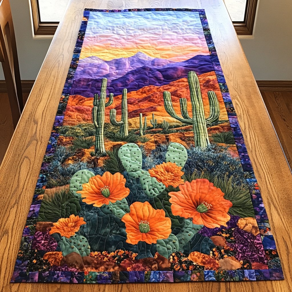 Cactus with Orange Desert Blooms Table Runner
