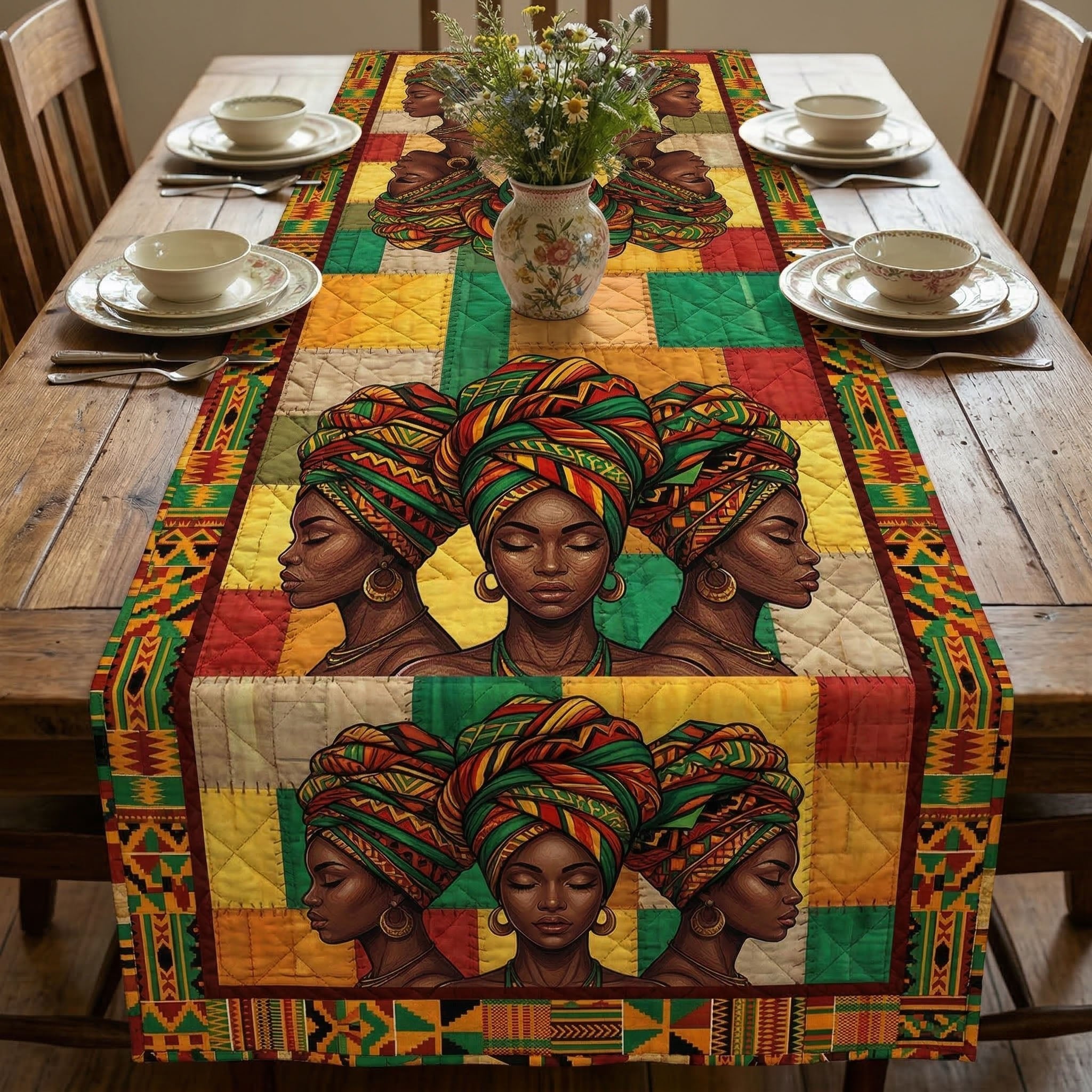 Women in Headwraps on Patchwork Table Runner