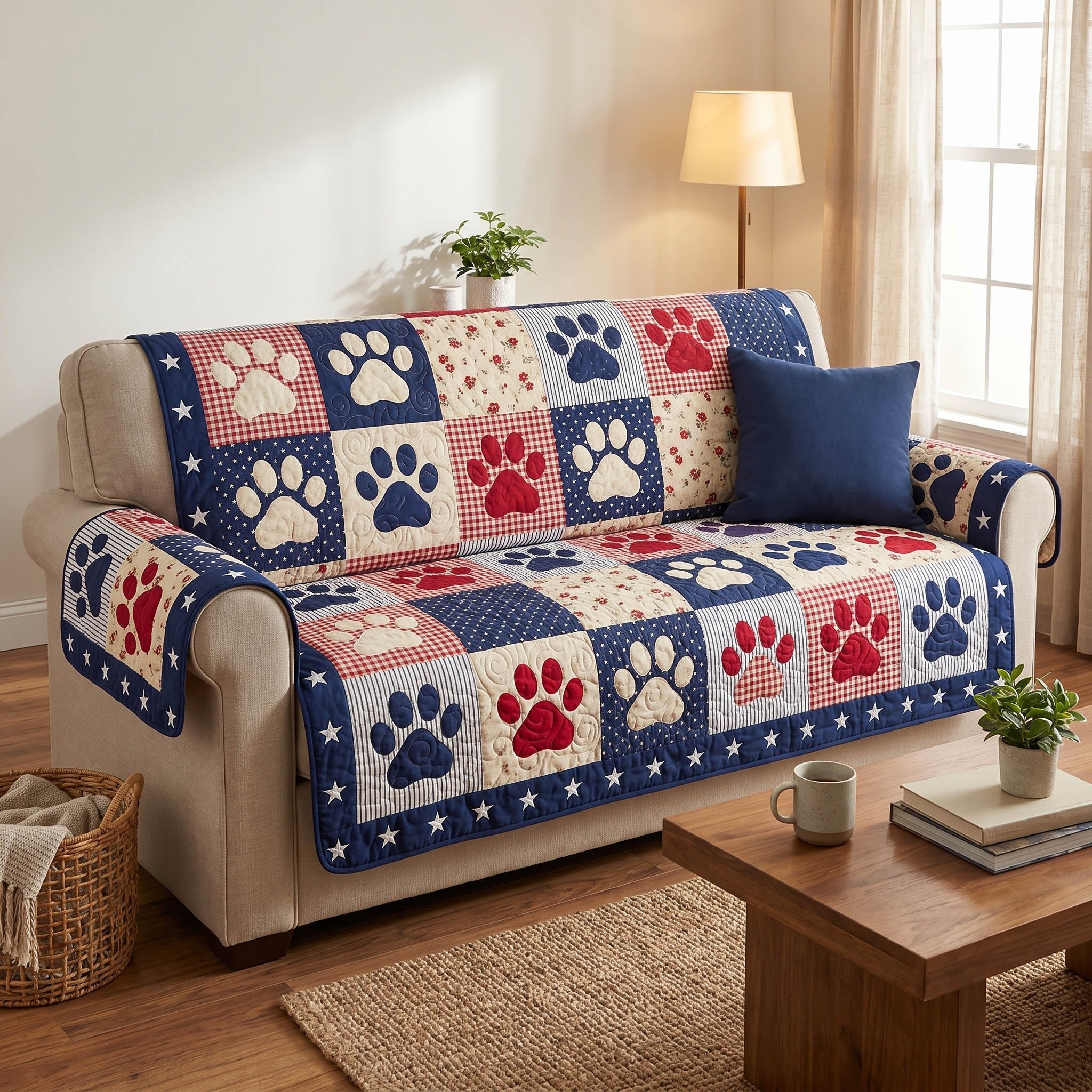 Paw Prints on Patriotic Squares Sofa Cover
