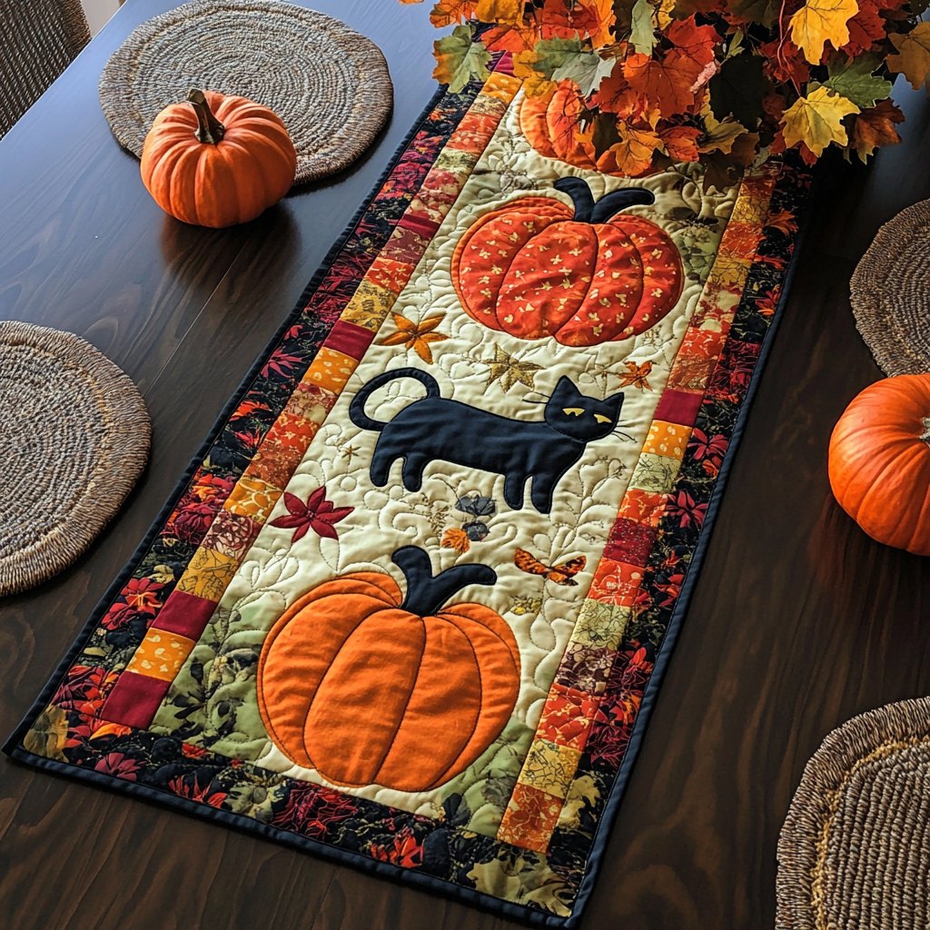 Pumpkin Black Cat Table Runner