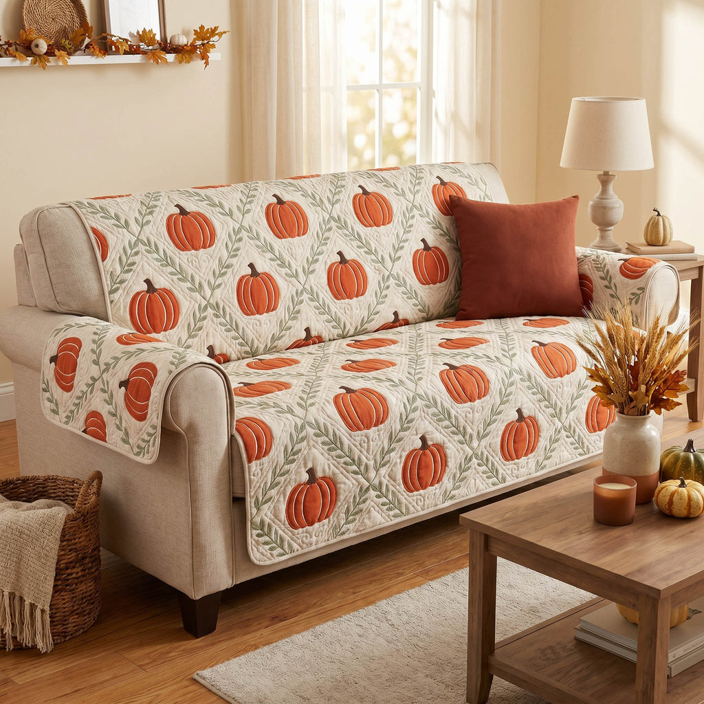 Orange Pumpkins on Cream Vines Sofa Cover