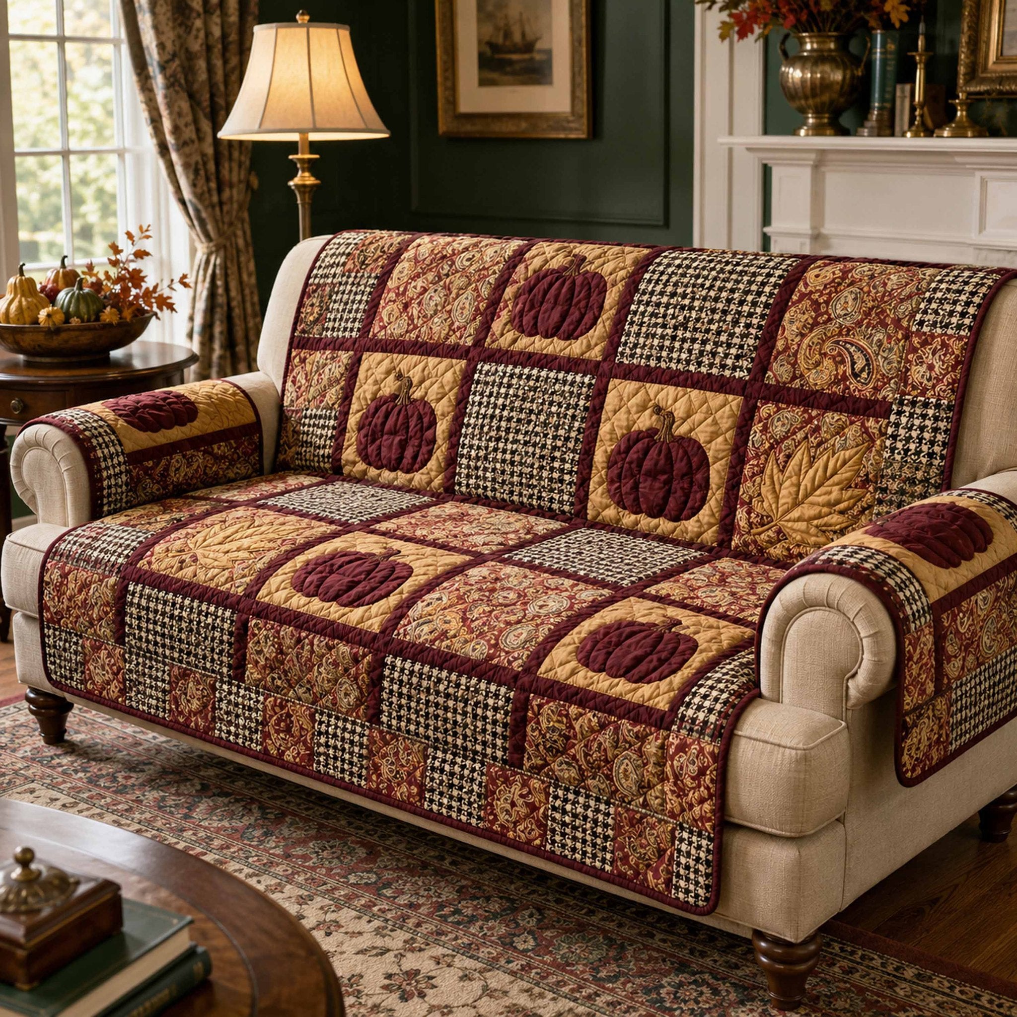 Dark Red Pumpkins on Brown Squares Sofa Cover