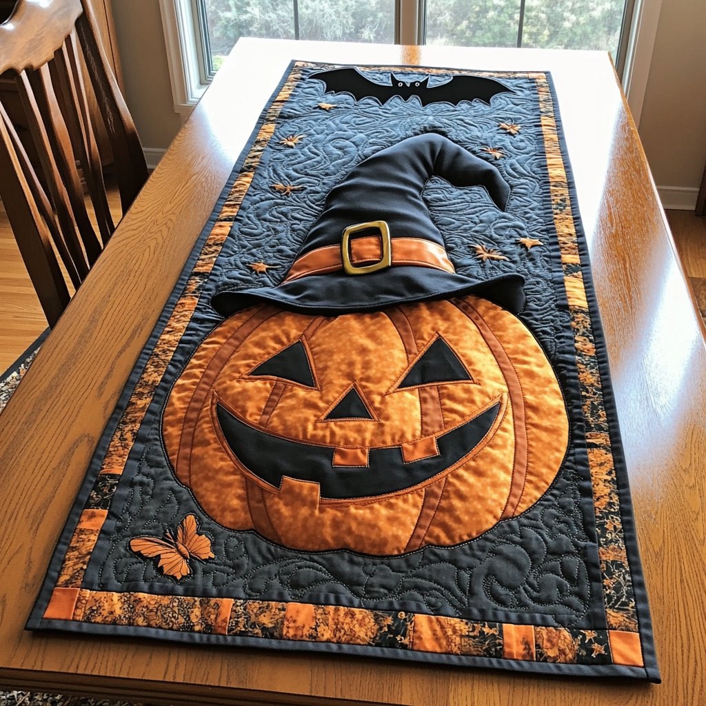 Jack o Lantern in Pilgrim Hat Table Runner