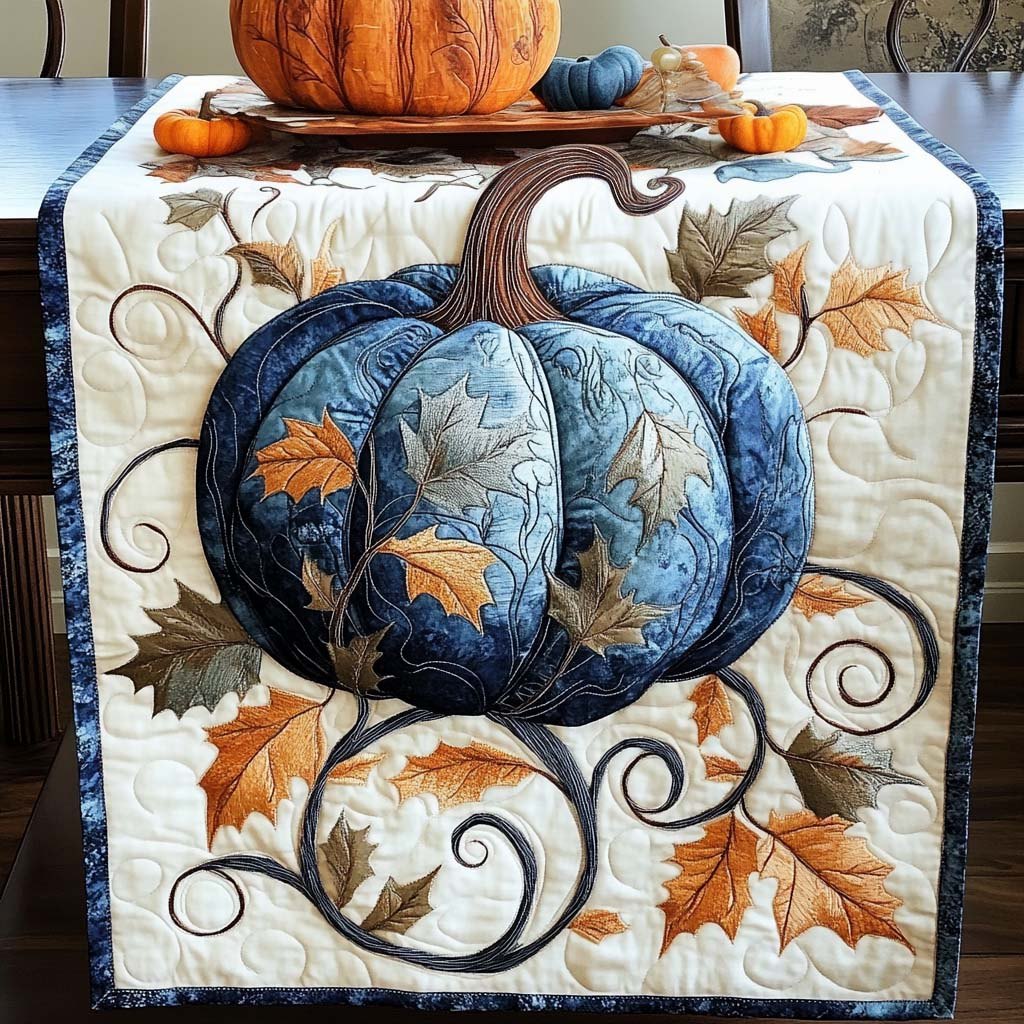 Blue Pumpkin with Autumn Leaves Table Runner