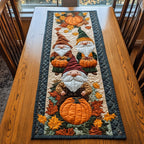 Gnomes with Pumpkins on Cream Table Runner