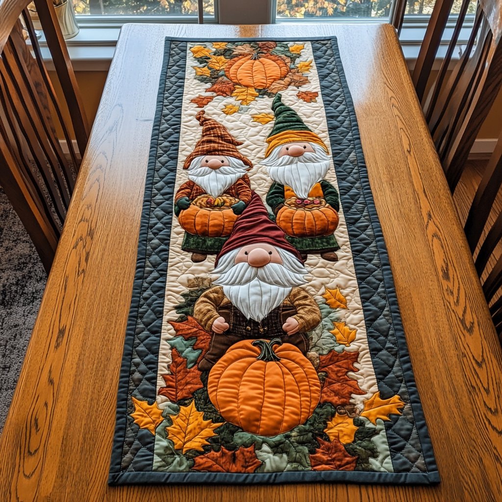 Gnomes with Pumpkins on Cream Table Runner