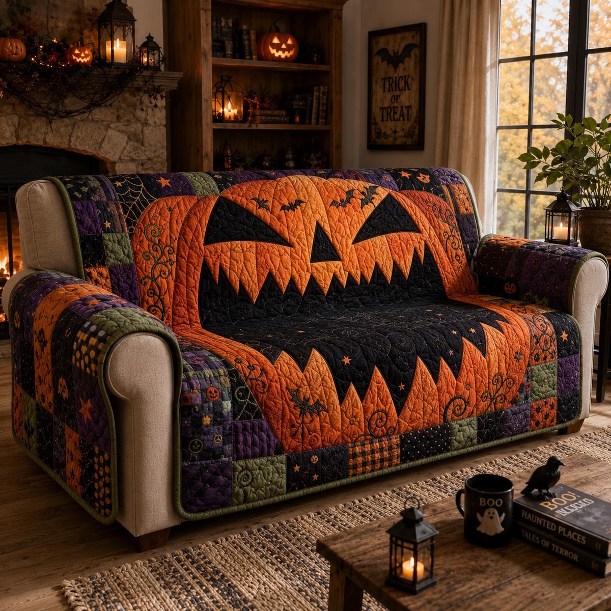 Jack o Lantern Face on Orange Sofa Cover