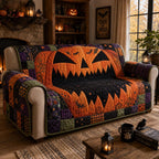 Jack o Lantern Face on Orange Sofa Cover