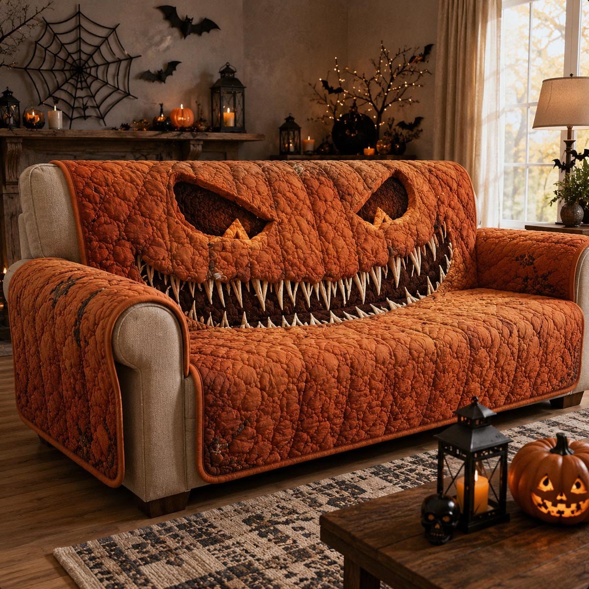 Grinning Pumpkin Monster on Orange Sofa Cover