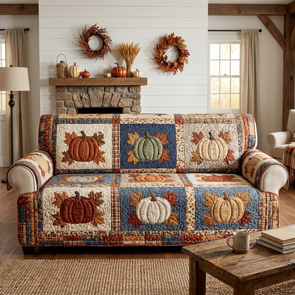 Pumpkins in Blue and Cream Blocks Sofa Cover