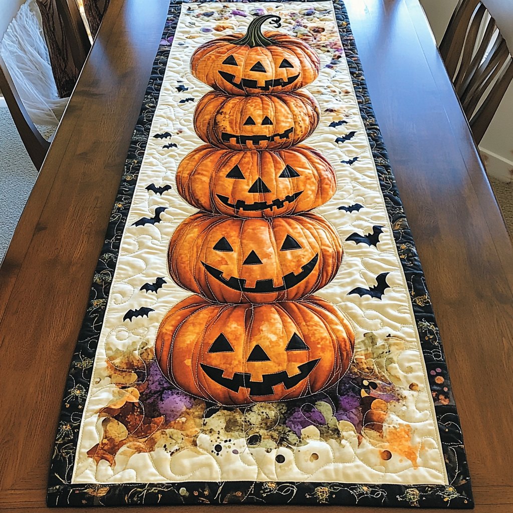 Stacked Jack o Lanterns with Bats Table Runner