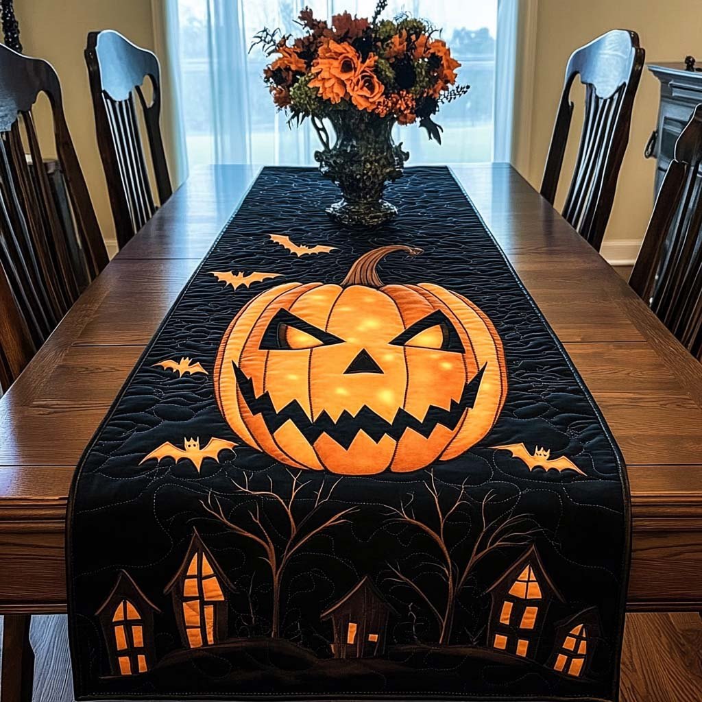 Glowing Jack o Lantern on Black Table Runner
