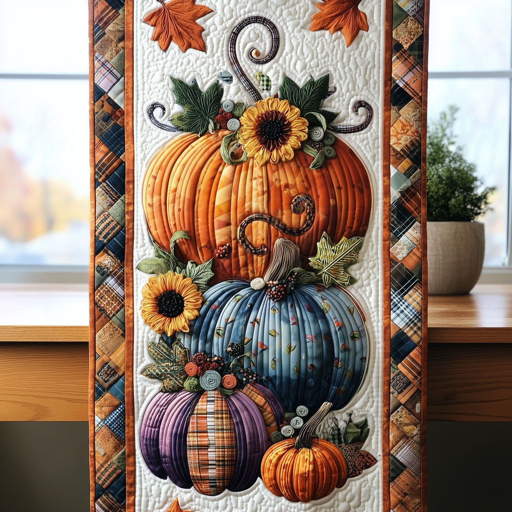 Pumpkins with Sunflowers on Plaid Table Runner