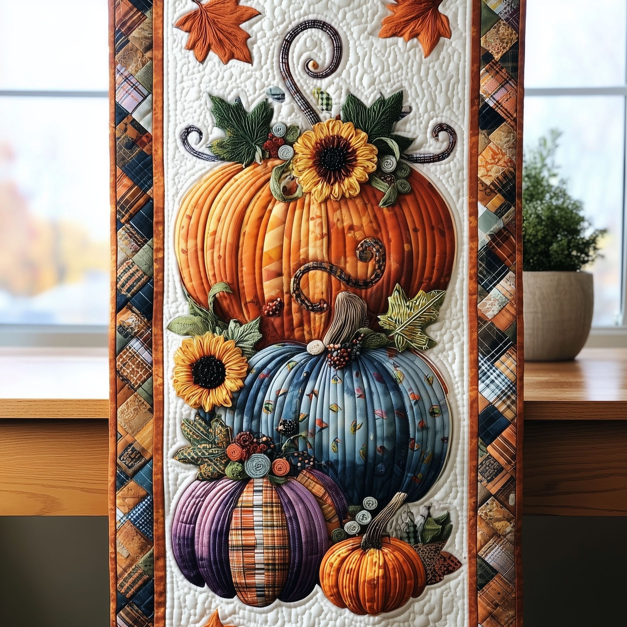 Pumpkins with Sunflowers on Plaid Table Runner