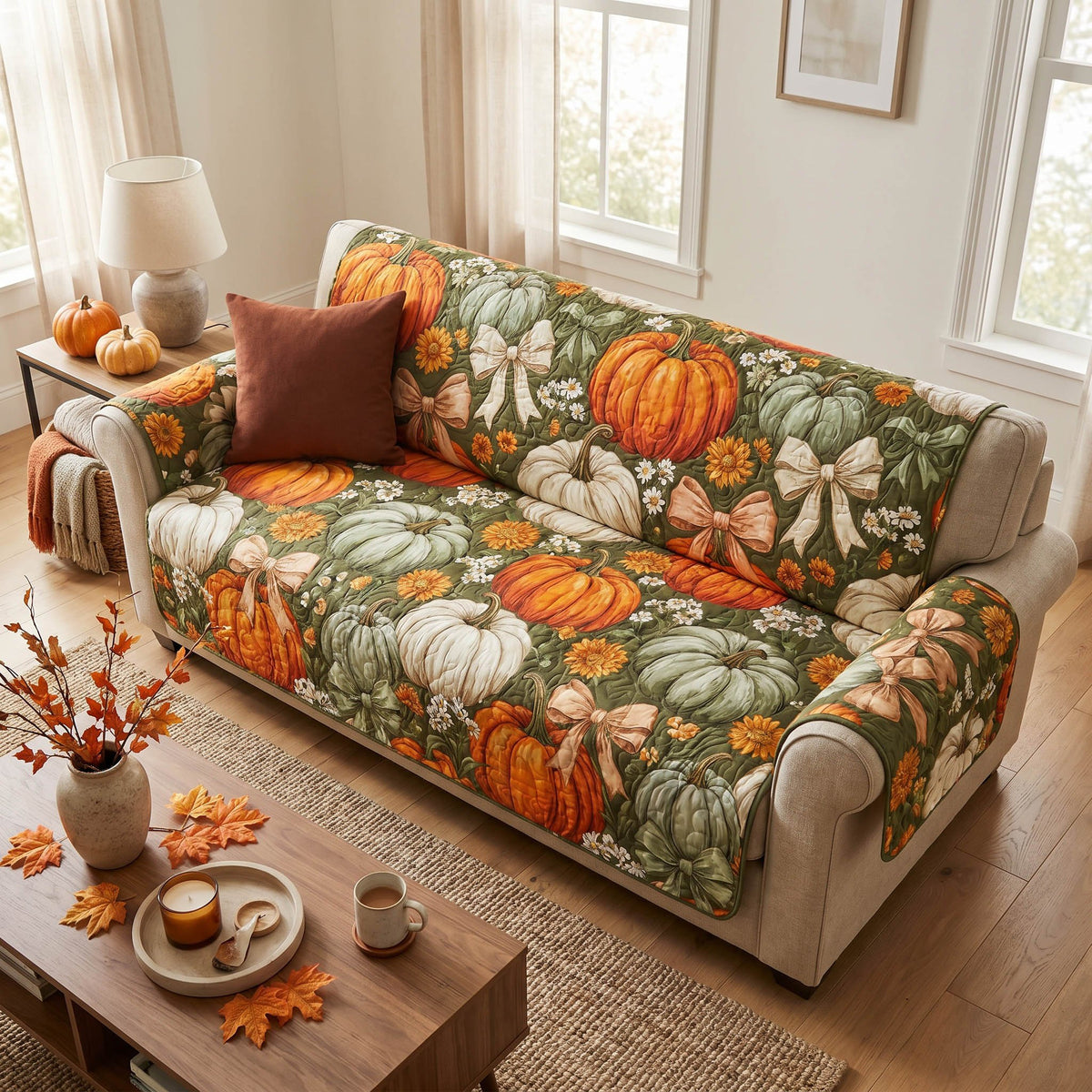 Pumpkins and Gourds on Green Sofa Cover
