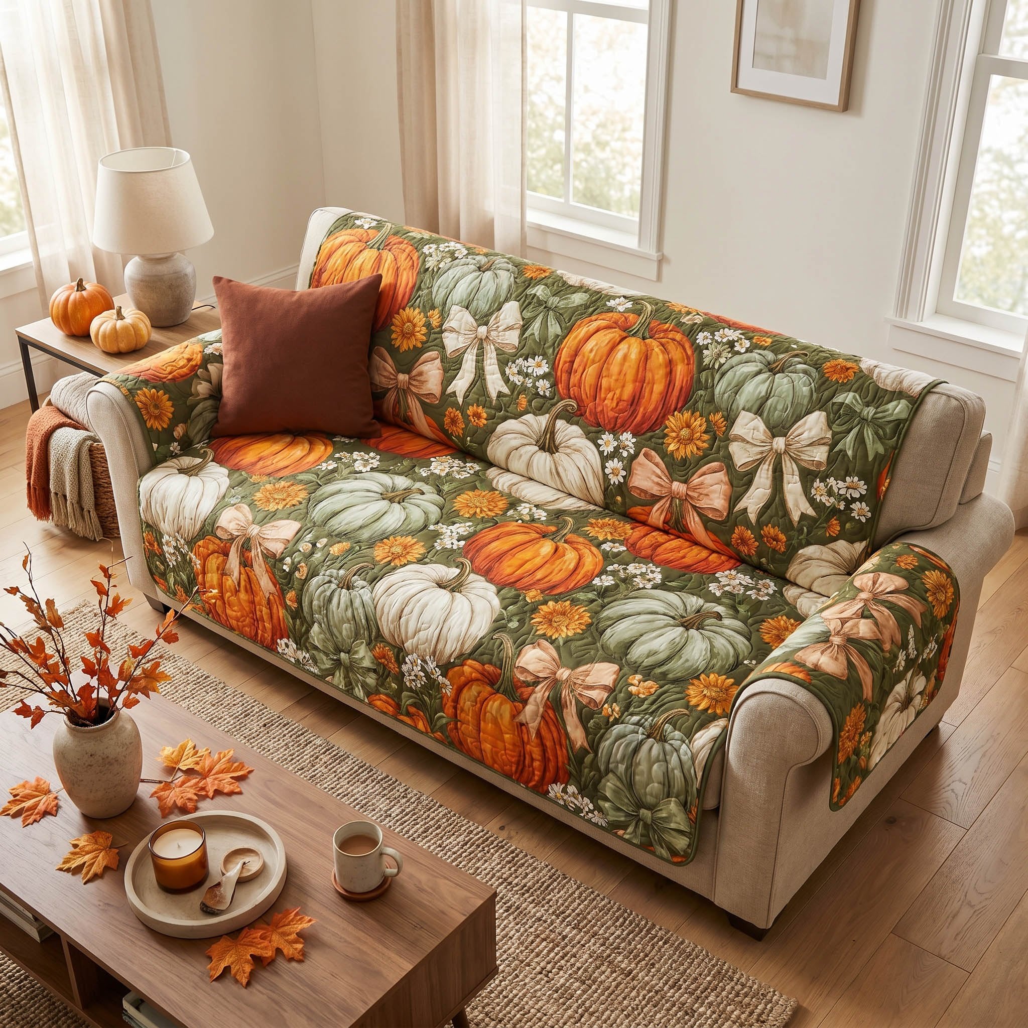 Pumpkins and Gourds on Green Sofa Cover