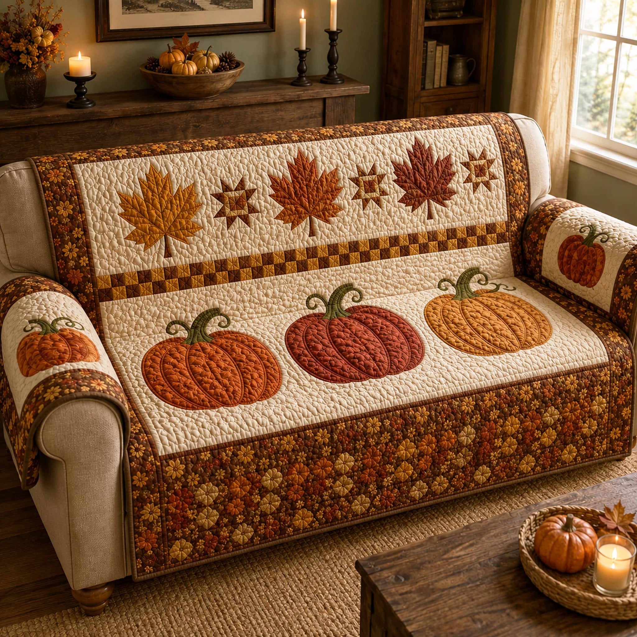 Pumpkins with Maple Leaves on Cream Sofa Cover