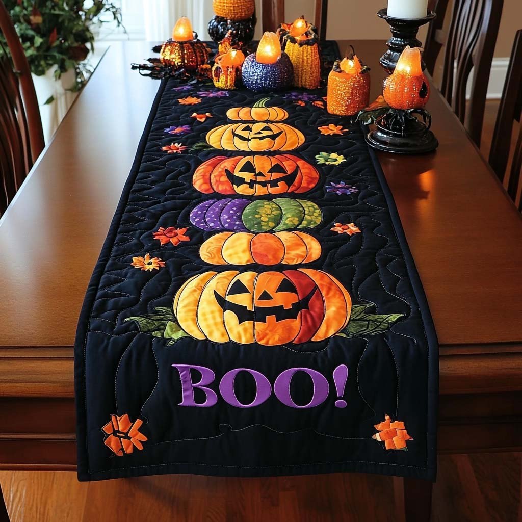 Boo with Stacked Jack o Lanterns Table Runner