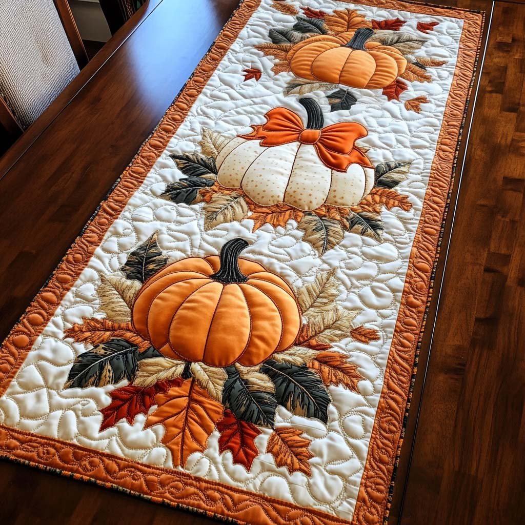 White and Orange Pumpkins with Bow Table Runner