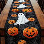 Ghost with Jack o Lanterns on Black Table Runner