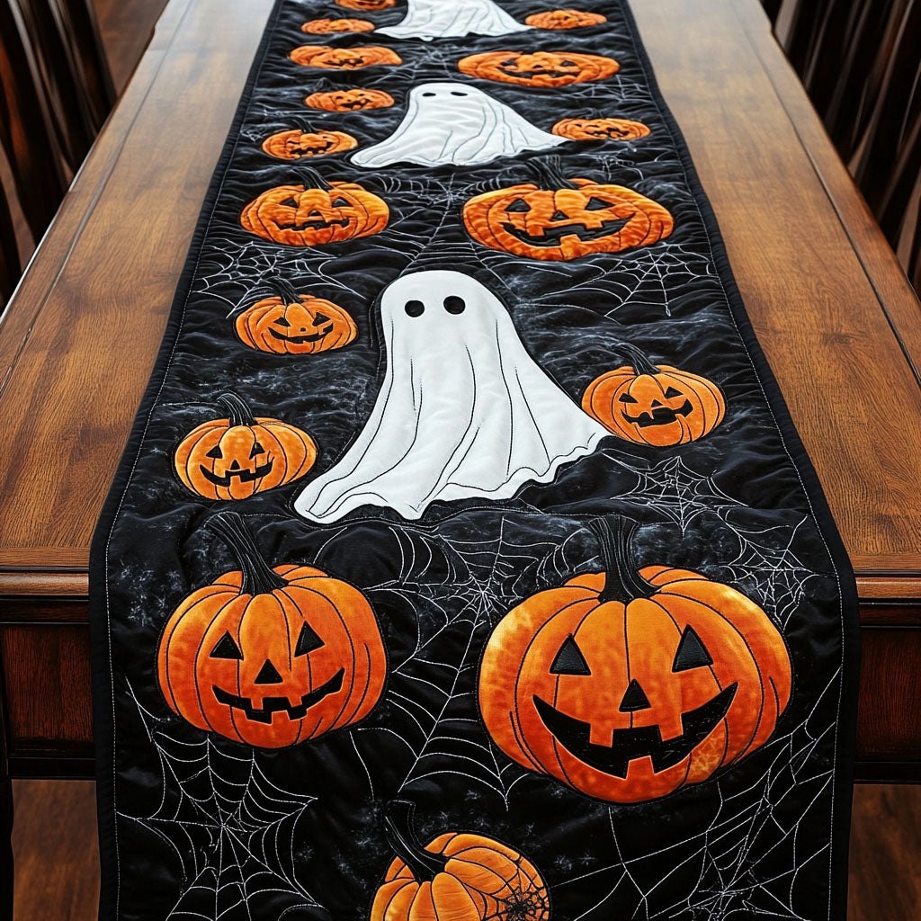 Ghost with Jack o Lanterns on Black Table Runner