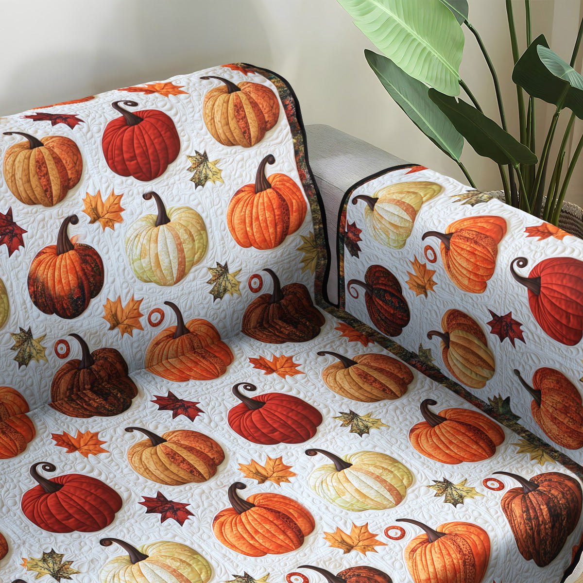 Pumpkins and Leaves on White Sofa Cover