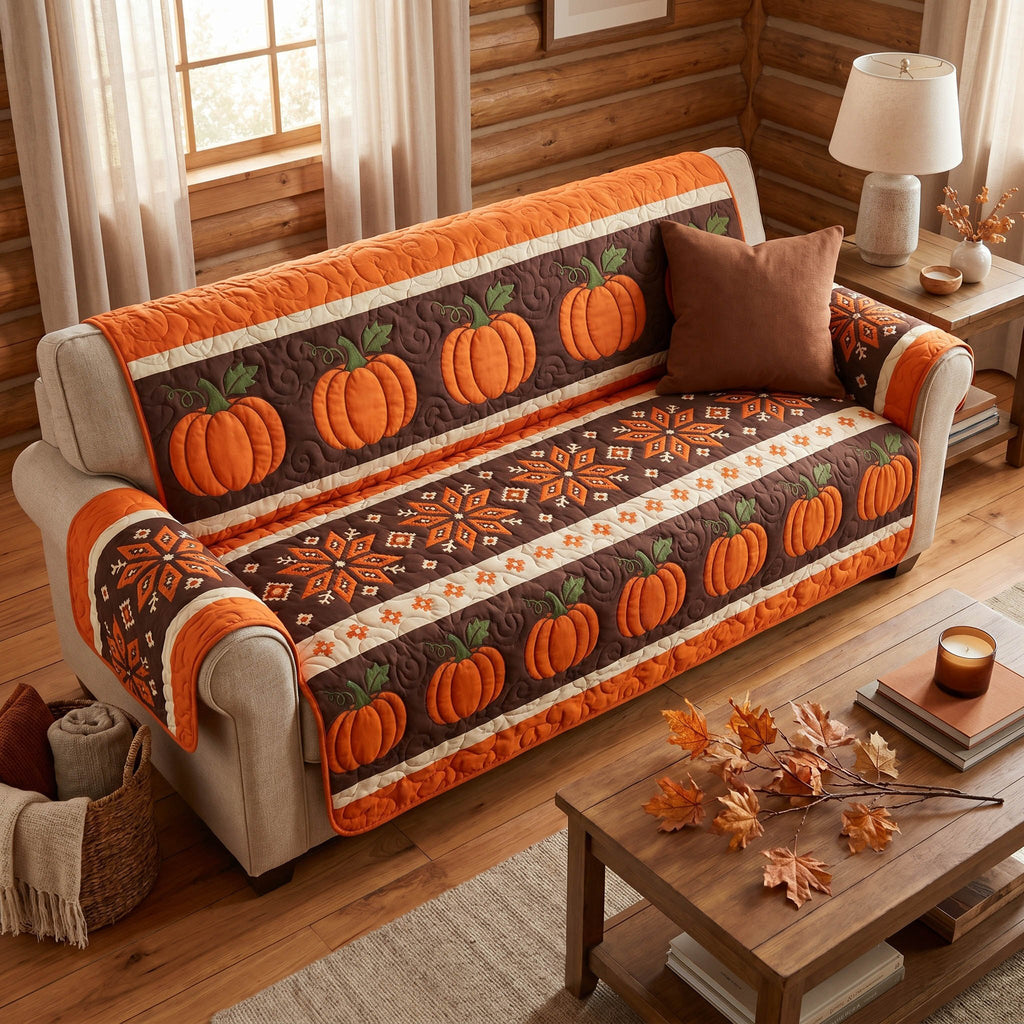 Pumpkin Stripes on Warm Brown Sofa Cover