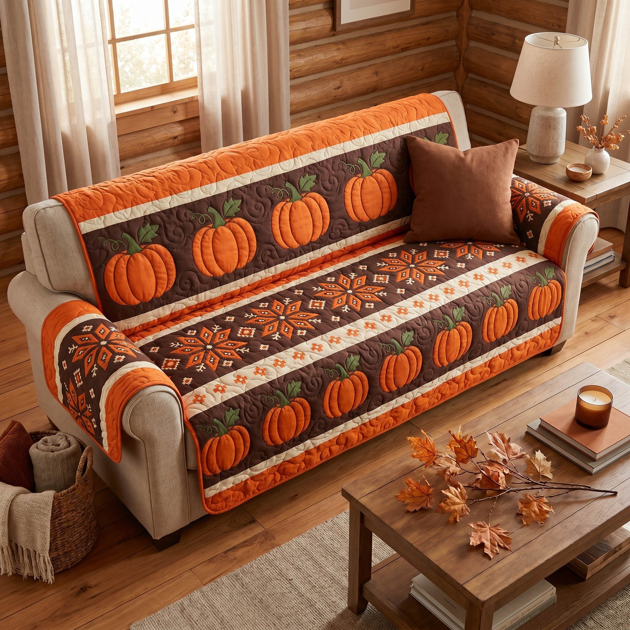 Pumpkin Stripes on Warm Brown Sofa Cover
