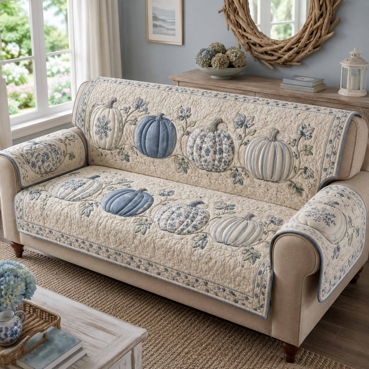 Blue and White Pumpkins on Cream Sofa Cover