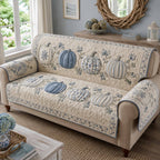 Blue and White Pumpkins on Cream Sofa Cover