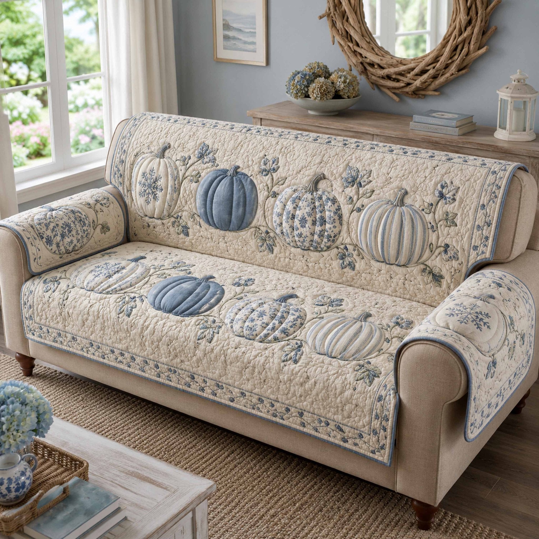 Blue and White Pumpkins on Cream Sofa Cover