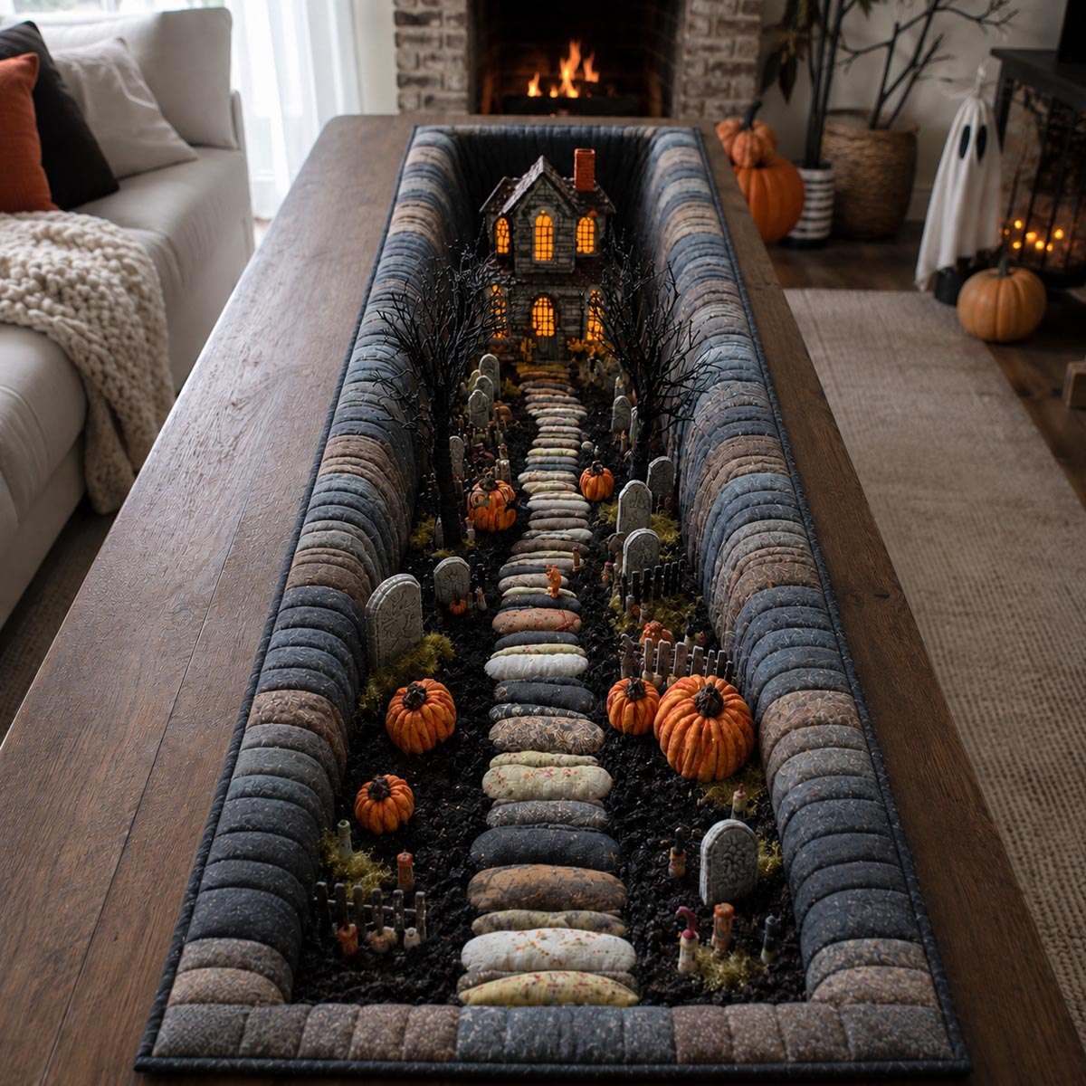 Pumpkins Along a Stone Path Table Runner